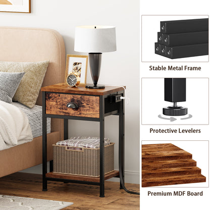 Satifur Set of 2 Nightstand with Charging Station for Bedroom,Side End Table with Outlets & USB Ports,Rustic Brown