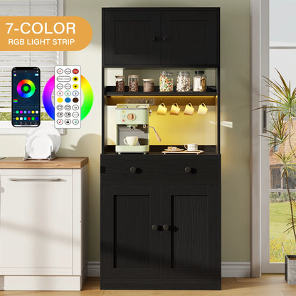 TYDIMOR Kitchen Pantry Storage Cabinet with Doors & Shelves, Wood Buffet Cabinet with Microwave Stand, Tall Hutch Cabinet for Dining Room, Black