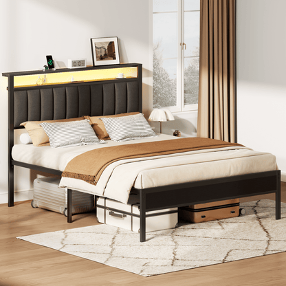 Satifur Queen LED Bed Frame with Smart RGB Lights, Headboard Charging Station, Versatile Storage Solution, Comfortable Upholstered Backrest, No Box Spring Needed