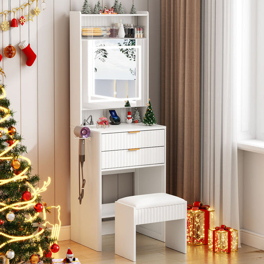 Satifur Vanity Set with Lighted Mirror, Women Dressing Desk with Stool, Drawers & Charging Station, Adult Makeup Vanity with Shelves, White