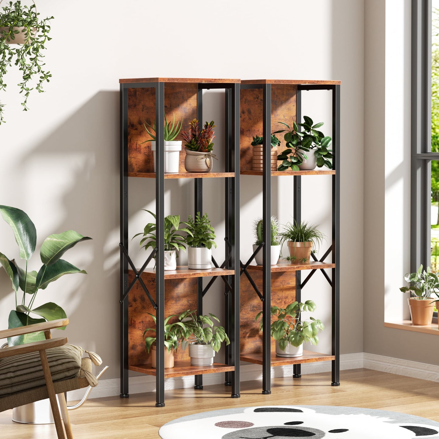 Satifur Bookshelf with 2 Large Backboards, Narrow Bookcase for Space Saving, Industrial Bookshelf with 4 Shelves for Office, Bathroom, Bedroom,Rustic Finish