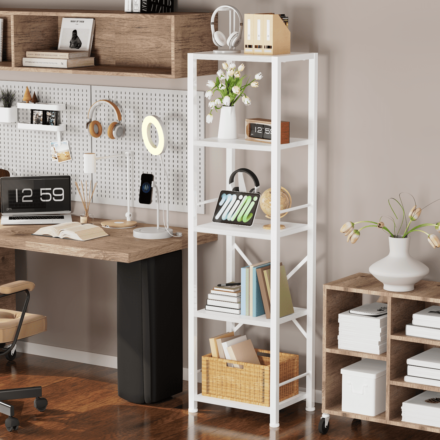 Satifur Bookshelf Bookcase Organizer with 5 Shelves for Living Room Bedroom Kitchen Garage, White