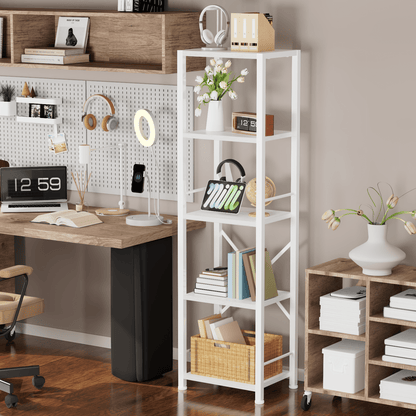 Satifur Bookshelf Bookcase Organizer with 5 Shelves for Living Room Bedroom Kitchen Garage, White