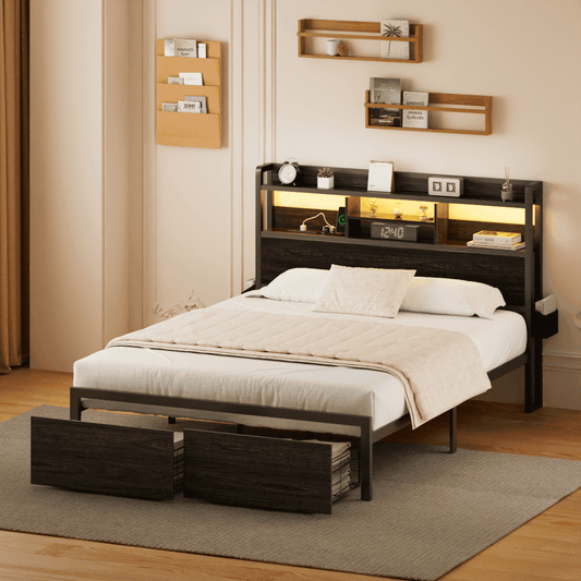 Hexmn Queen Size Metal Bed Frame Built-In Charging & Storage Drawers, Black Oak