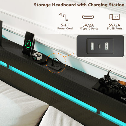 Tydimor Full Size Bed Frame with 2 Drawers & LED Lights & Charging Station, Beds with Headboard & 10.10" Under Bed Storage, No Box Spring Needed, Easy Assembly, Black