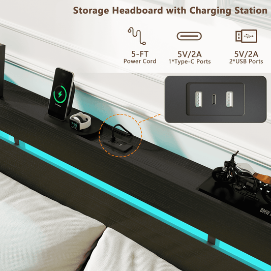 Tydimor King Size Bed Frame with 3 Drawers & LED Lights & Charging Station, Beds with Headboard & 10.10" Under Bed Storage, No Box Spring Needed, Easy Assembly, Black