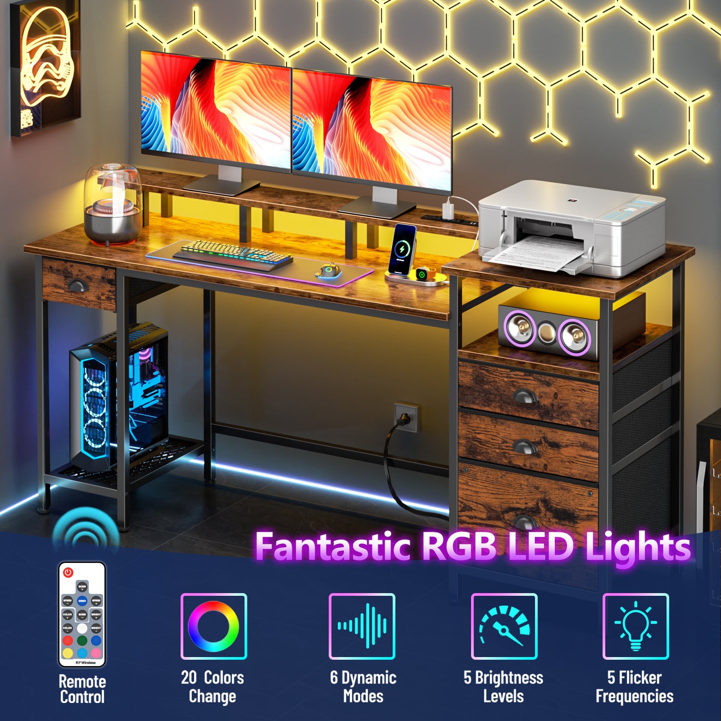 Satifur Computer Desk with 4 Drawers, 60 Inch Reversible Desk with Led Lights & Power Outlet, Home Office Desk with File Drawer & Monitor Stand, Rustic Brown