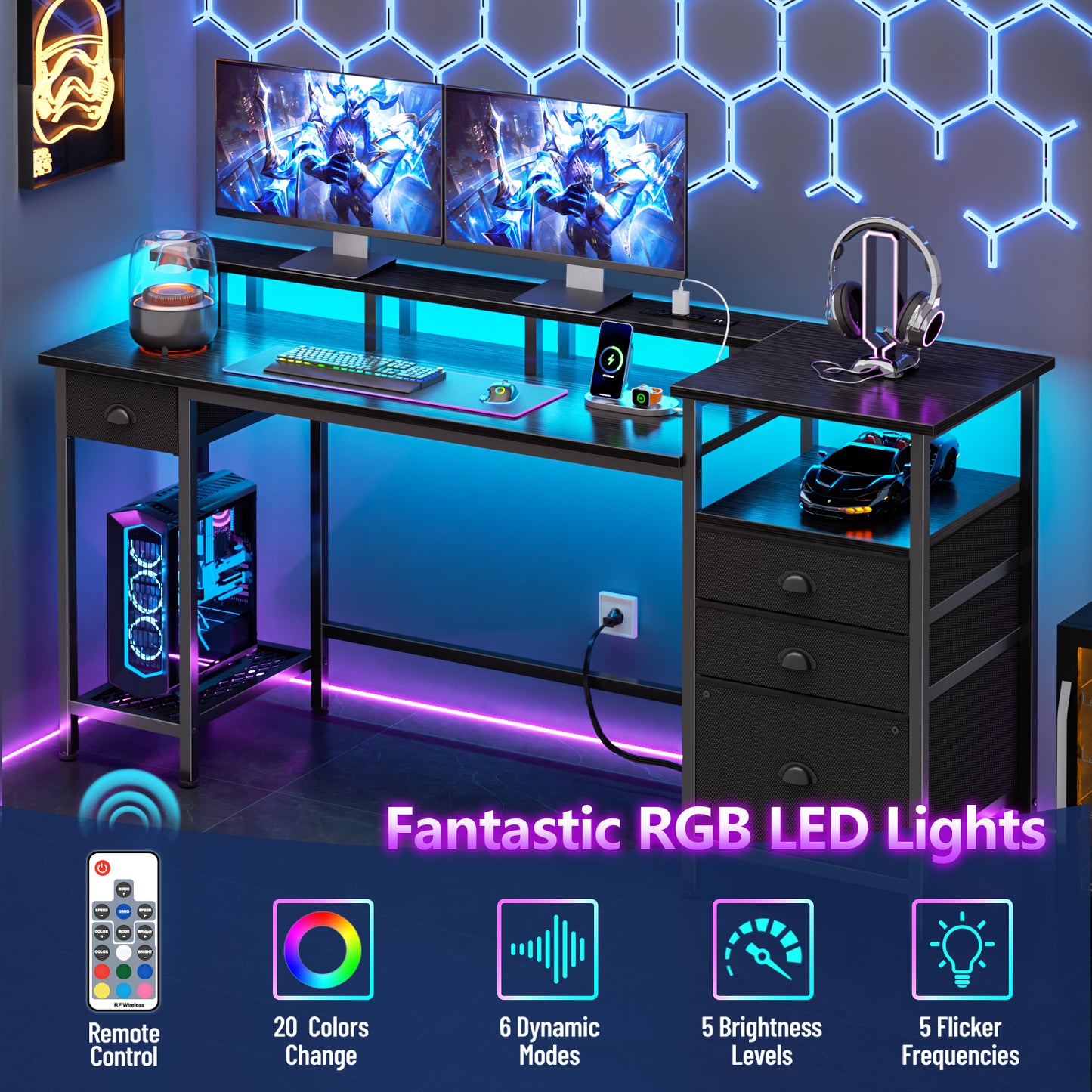 Satifur Computer Desk with 4 Drawers, 61 Inch Reversible Desk with Led Lights & Power Outlet, Home Office Desk with File Drawer & Monitor Stand, Black