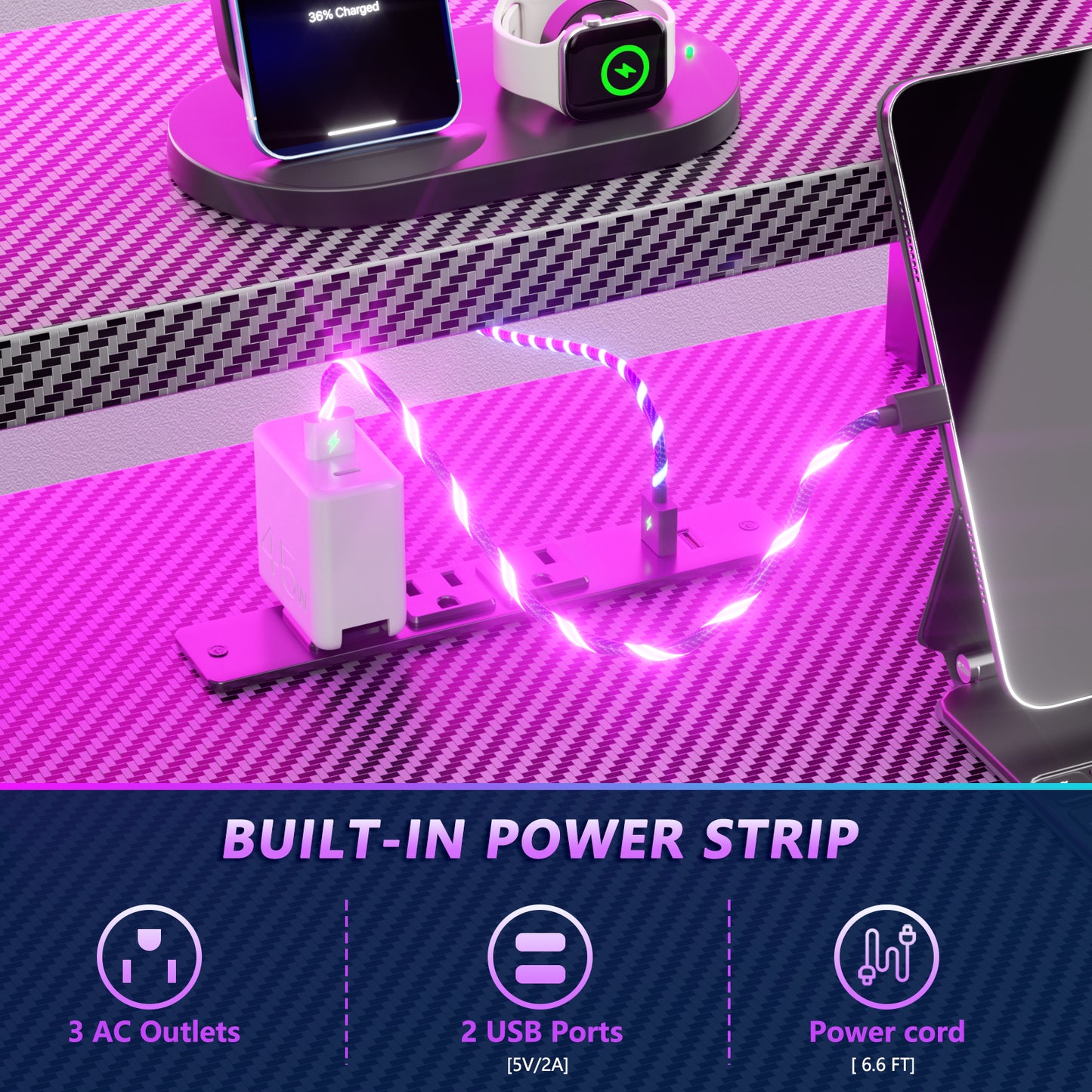 Satifur 39" Carbon Fiber Gaming Desk L-Shaped Computer Desk, RGB Lights & Power Outlets, Black