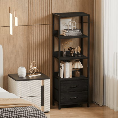 Satifur 4-Tier Bookshelf and Bookcase with 2 Removable Drawers, Narrow Display Shelf for Living Room, Black Oak