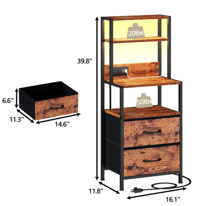 Satifur Tall LED Nightstand,Bedside Table with Charging Station,2 Fabric Drawers & Shelfs for Bedroom Living Room,Rustic Brown