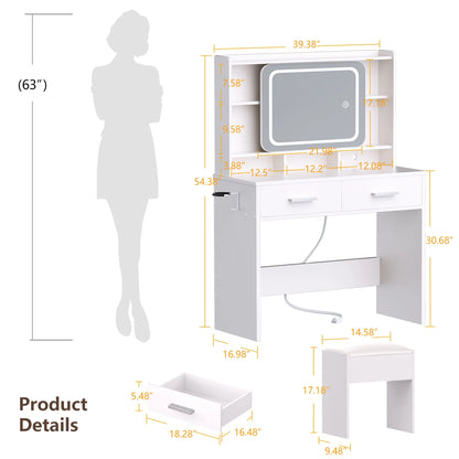 Tydimor Vanity Set with Sliding Mirror & Lights, Women Dressing Table with Outlets, Makeup Vanity Desk with Drawers & Stool