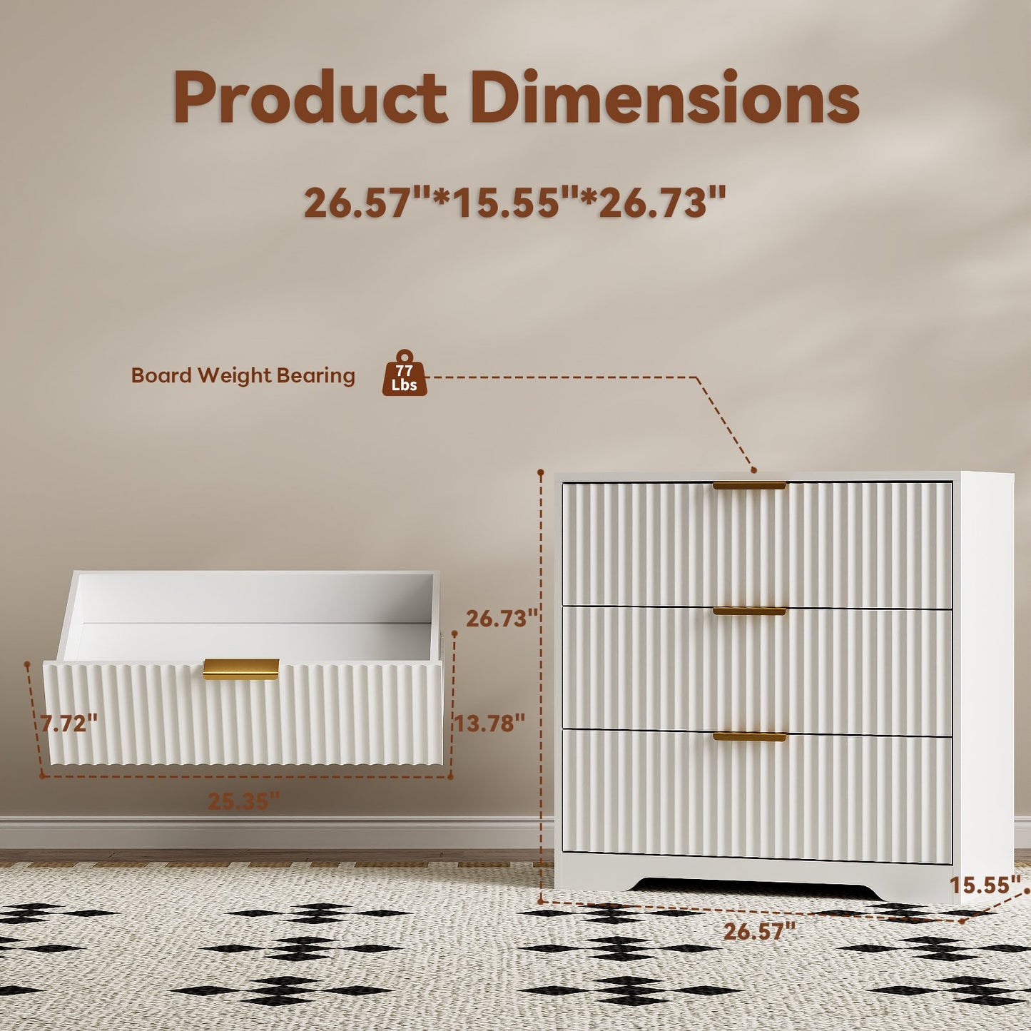 Tydimor Modern Nightstand with 3 Wooden Drawers, Bedside Table for Living Room, White