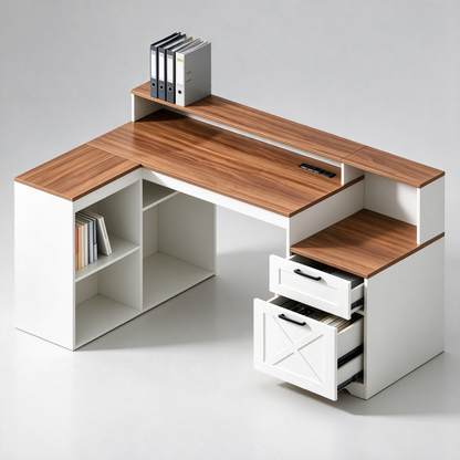Satifur 59 Inch Farmhouse L‑Shaped Computer Desk with Power Outlet, Home Office Desk with Hutch, Storage Shelves, Cabinet & Printer Stand, Walnut Brown and White