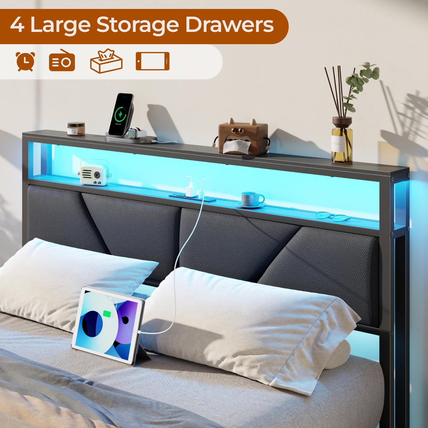 Tydimor Full Bed Frame with 6 Storage Drawers, Metal Platform Bed Frame with 2-Tier Upholstered Storage Headboard & LED, Built in Charging Station, Noise-Free, No Box Spring Needed, Black