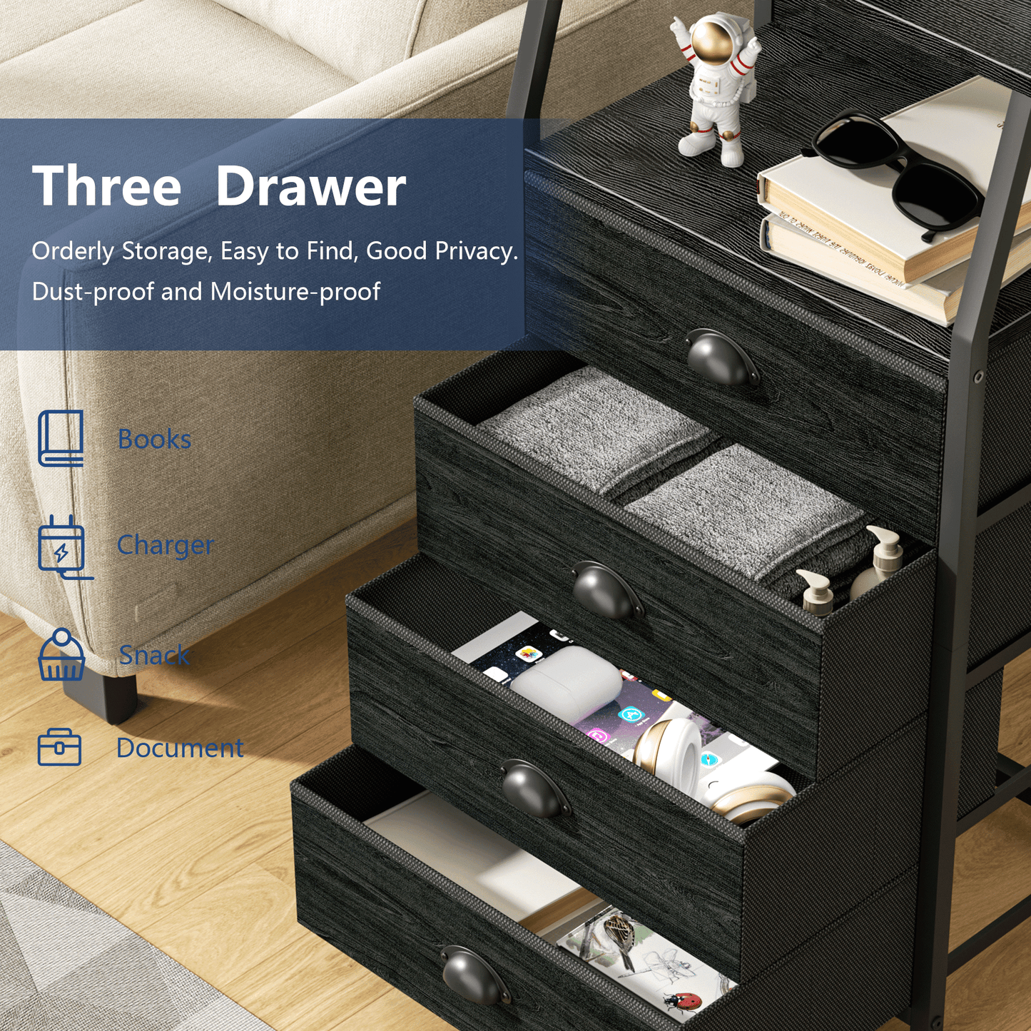 TYDIMOR Tall Nightstand,4 Drawer Black Dresser for Bedroom Storage,Side Table for All Ages