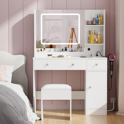 Hexmn women dressing Vanity Set with storage drawers & cabinet, LED Makeup tables with charging station, square mirror for bedroom
