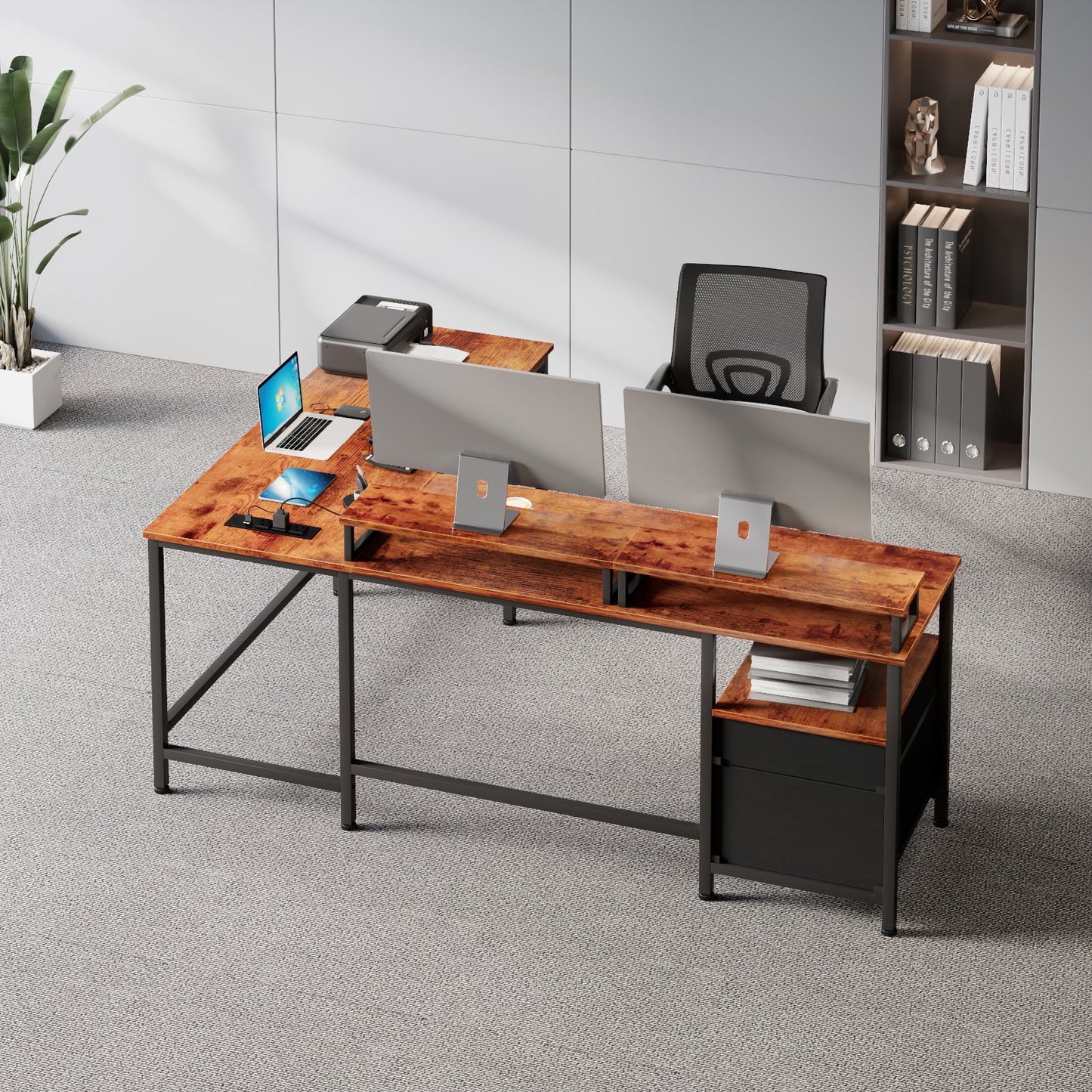 Hexmn Smart Workstation, Computer Desk with Built-In Power Outlets & Dual Monitor Stand for an Efficient Workspace