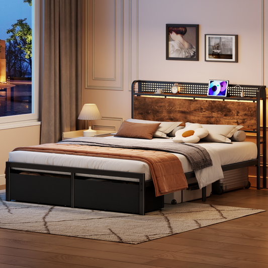 Satifur Queen Bed Frame with 2 Drawers & Storage Headboard, Platform Metal Bed with Charging Station, No Box Spring Needed