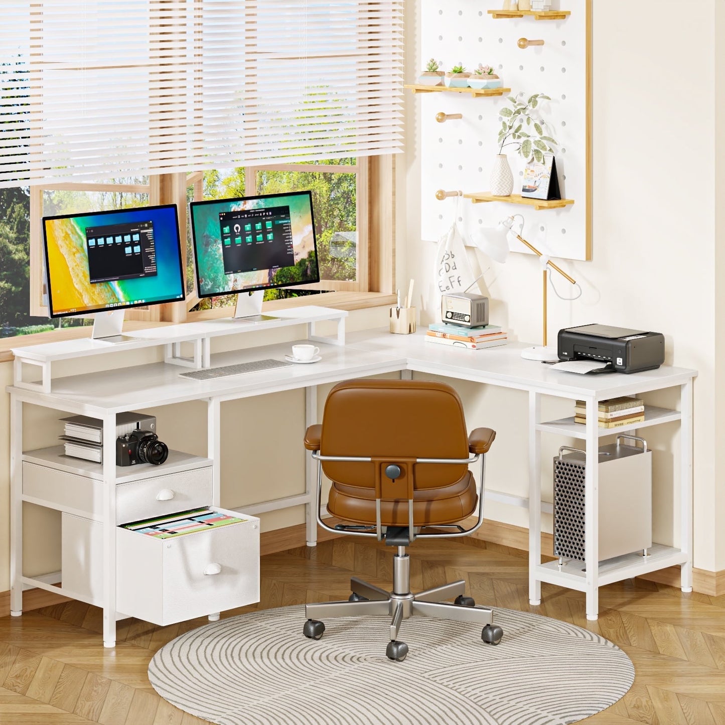 Hexmn Computer Desk, Adult Lap Desks, with Fabric Drawers, File Cabinet, Monitor Stands, 18.9 x 66.14 in, White
