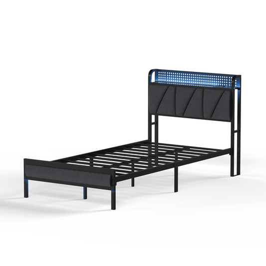 Tydimor King RGB LED Strip Platforrm Bed Frames with Headboard Metal, Storage Shelves & Underbed, Niose Free, No Box Spring Needed