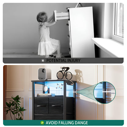 TYDIMOR 4 Drawer Dresser,Small Dresser with Charging Station and LED, Black, for Bedroom and Living Room
