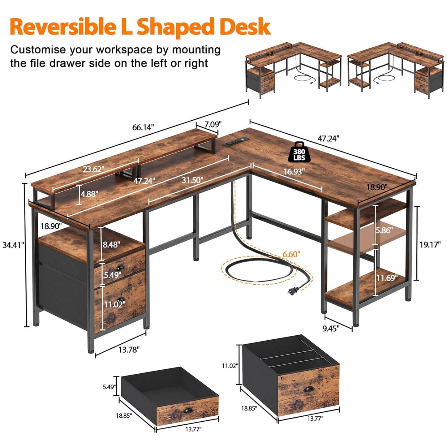 Furologee Computer Desk L-Shaped Reversible Desk with Drawers and 2 Monitor Stands, Rustic Brown