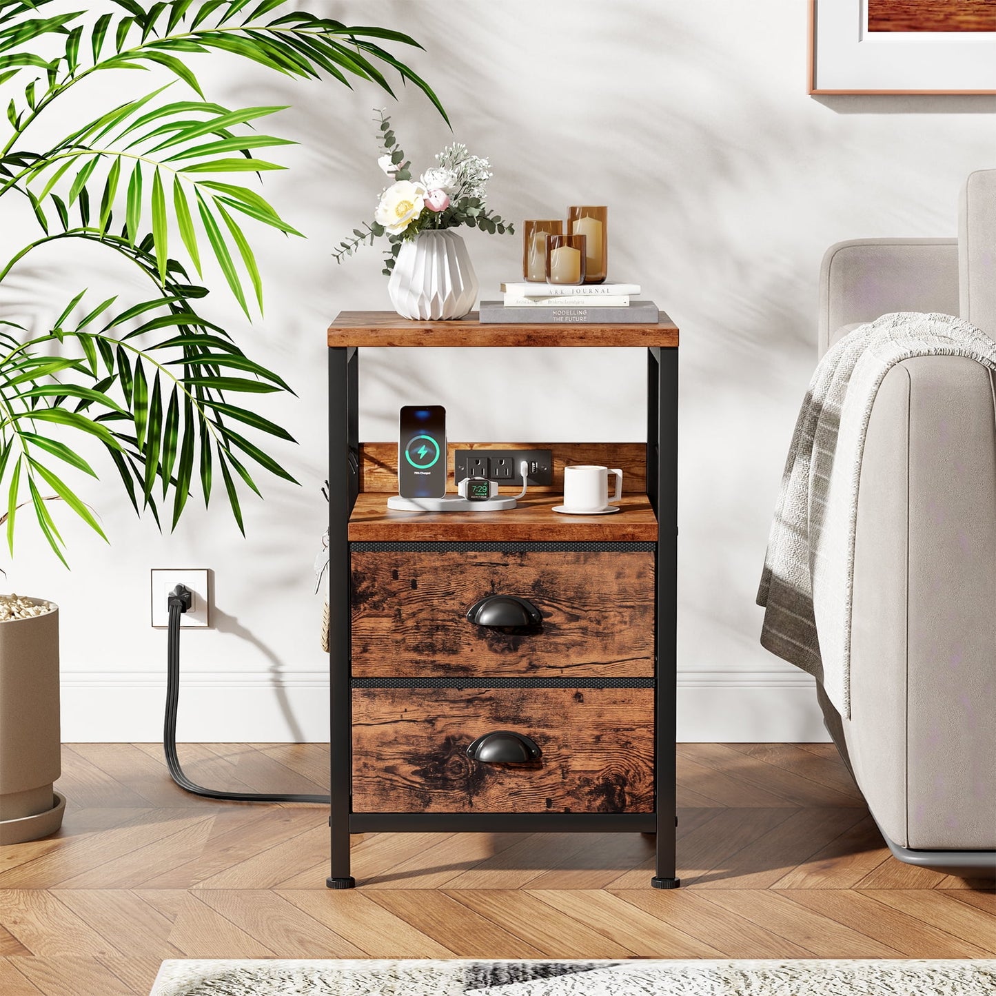 Satifur Nightstand with Charging Station, Bedside End Table with Fabric Drawers,Outlets & USB Ports, Rustic Brown
