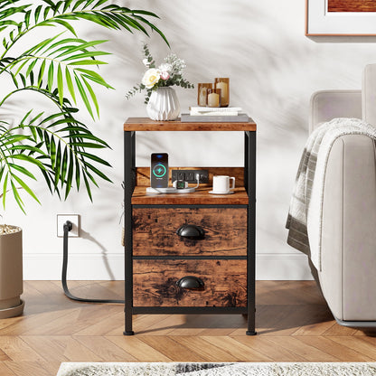 Satifur Nightstand with Charging Station, Bedside End Table with Fabric Drawers,Outlets & USB Ports, Rustic Brown