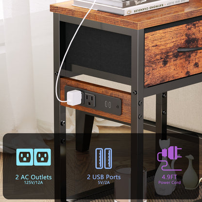 Satifur Nightstand with Charging Station for Bedroom,Side End Table with Outlets & USB Ports,Rustic Brown