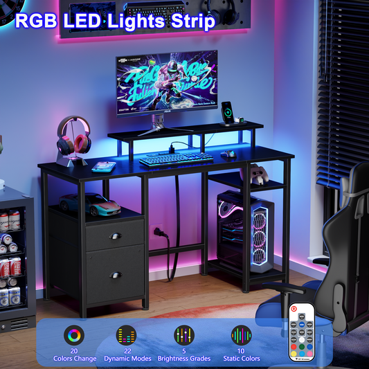 Satifur 51" Reversible 2-Tier Computer Desk with Power Outlet, LED Lights, File Cabinet & Storage Shelves,Black