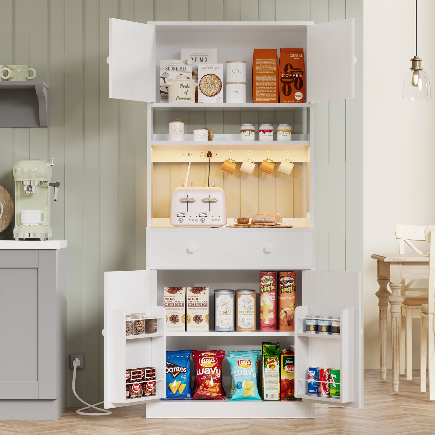 Hexmn 72" Kitchen Pantry Storage Cabinet with Doors & Shelves, Wood Buffet Cabinet with Microwave Stand, Tall Hutch Cabinet for Dining Room, White