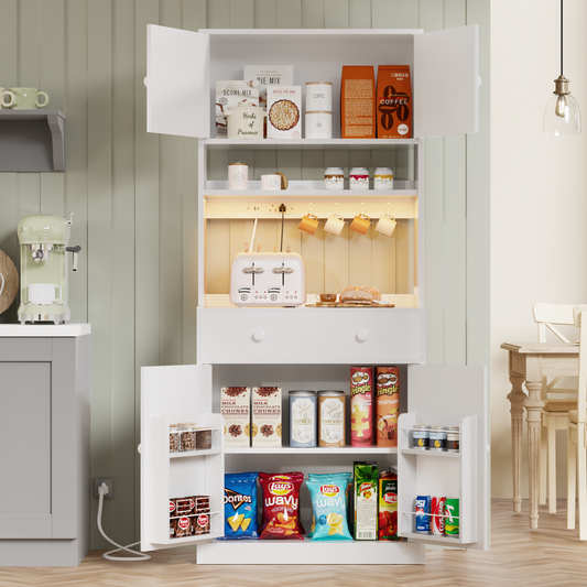 Hexmn 72" Kitchen Pantry Storage Cabinet with Doors & Shelves, Wood Buffet Cabinet with Microwave Stand, Tall Hutch Cabinet for Dining Room, White