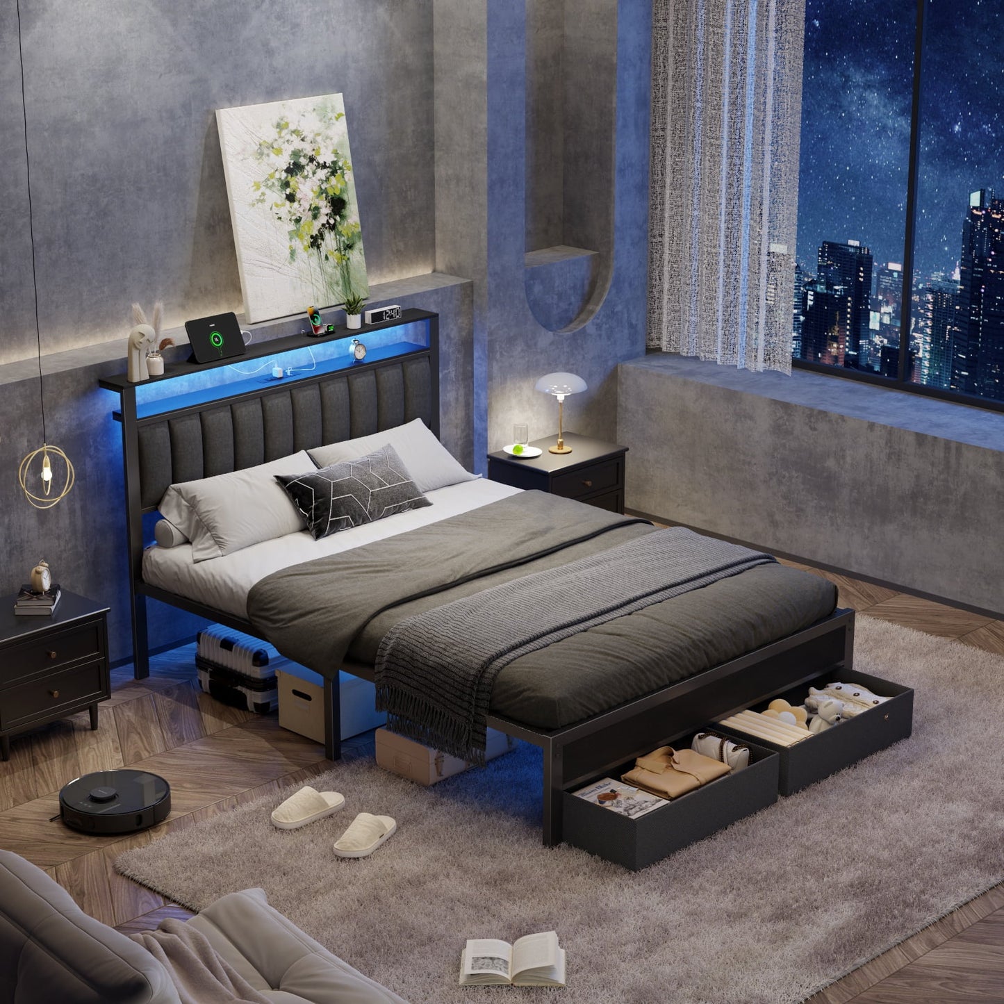 Tydimor Queen Bed Frame with 2 Drawers & Storage Headboard, Platform Metal Bed with 2 USB Ports and Outlets, No Box Spring Needed