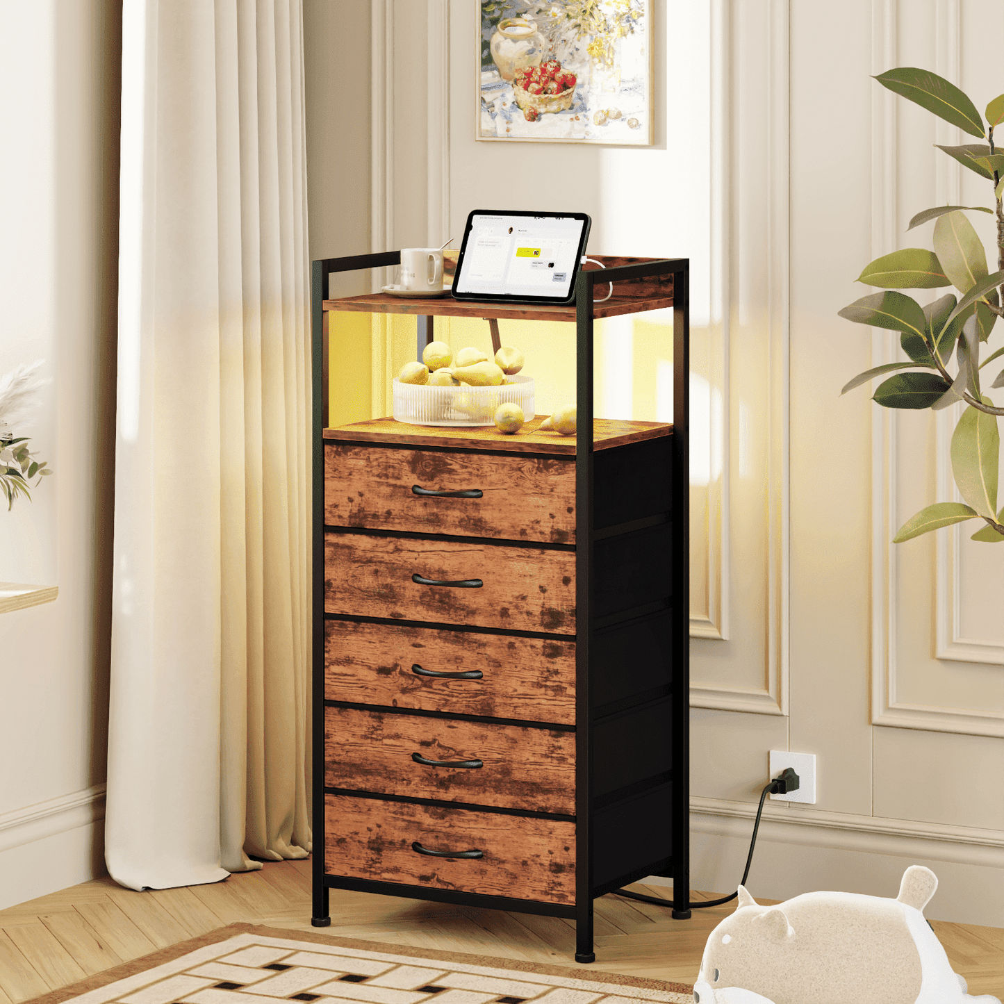 Hexmn Tall Dresser for Bedroom, 5 Drawer with Charging Station, Black, Ideal for Adults