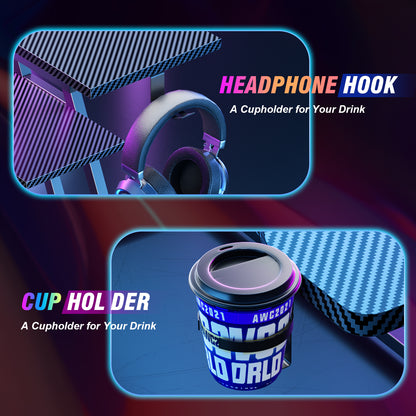 Satifur 55" Carbon Fiber Gaming Desk L-Shaped Computer Desk, RGB Lights & Power Outlets, Black