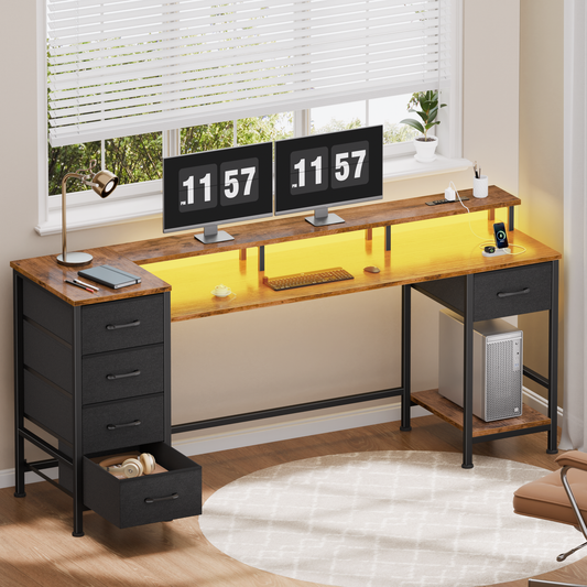 Satifur Gaming Desk with LED Lights & Power Outlets, 61" Computer Desk with 5 Fabric Drawers & Open Storage, Reversible Home Office Desk,Retro Brown