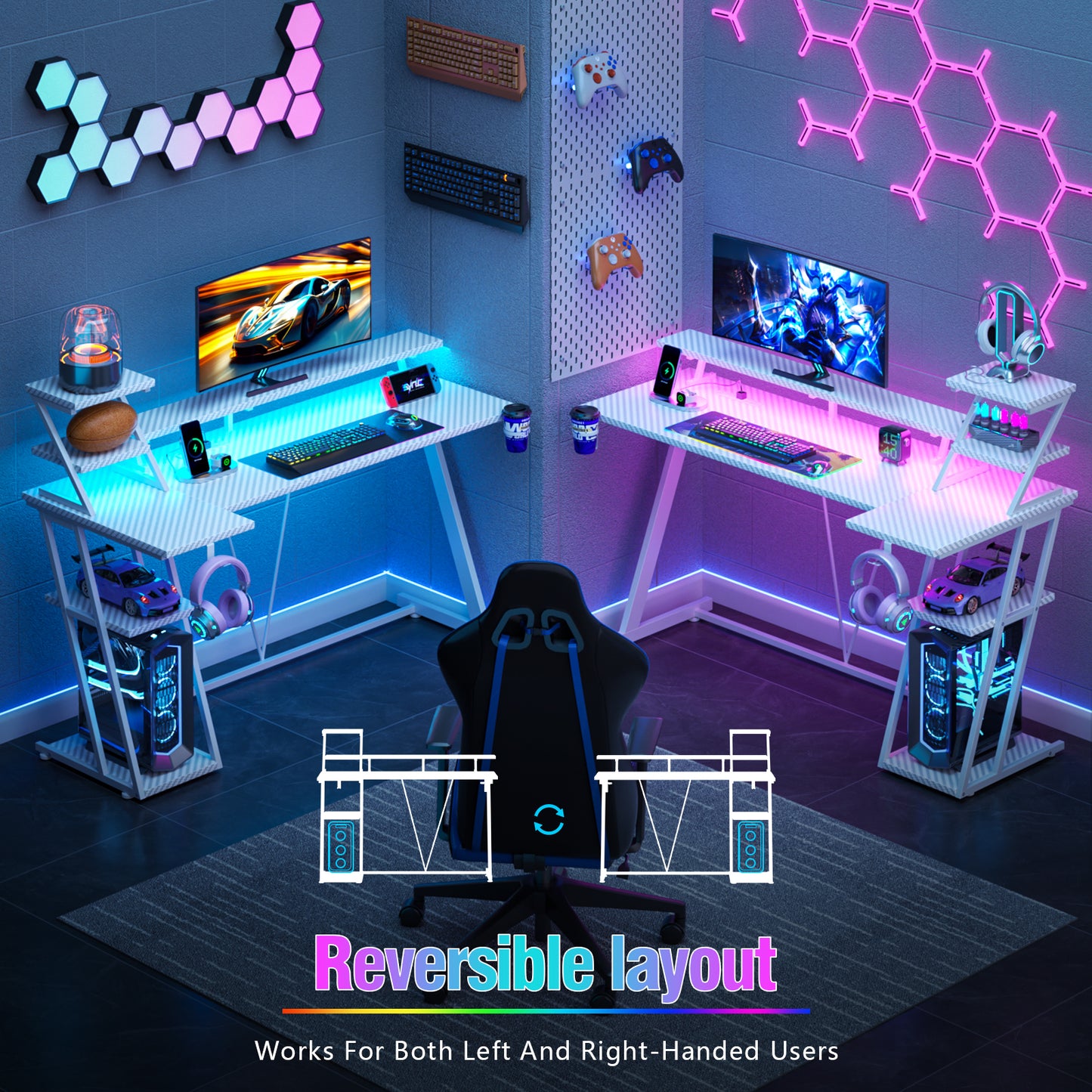 Satifur 55" Carbon Fiber Gaming Desk L-Shaped Computer Desk, RGB Lights & Power Outlets, White