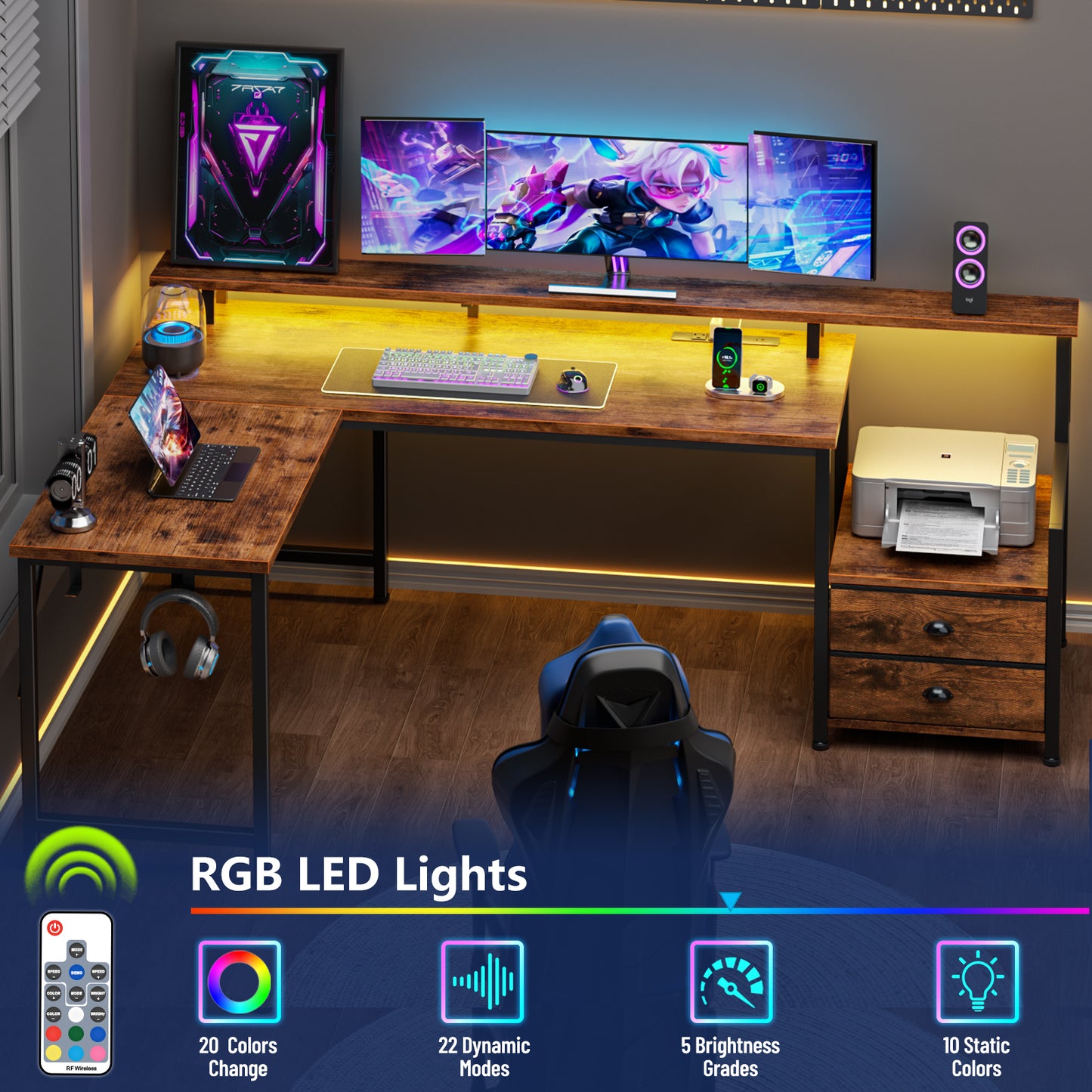 Satifur 66" L-Shaped Gaming Desk with LED Lights & Power Outlets, Computer Desk with Drawers & Printer Stand, Rustic Brown