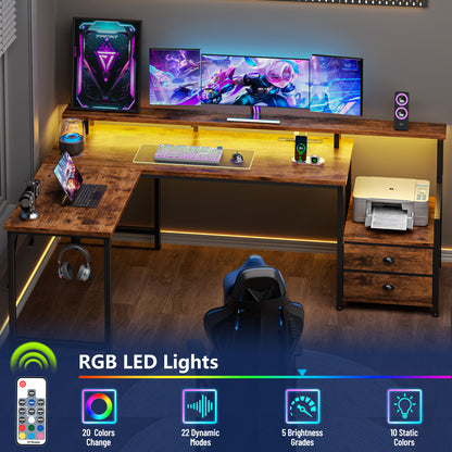 Satifur 66" L-Shaped Gaming Desk with LED Lights & Power Outlets, Computer Desk with Drawers & Printer Stand, Rustic Brown