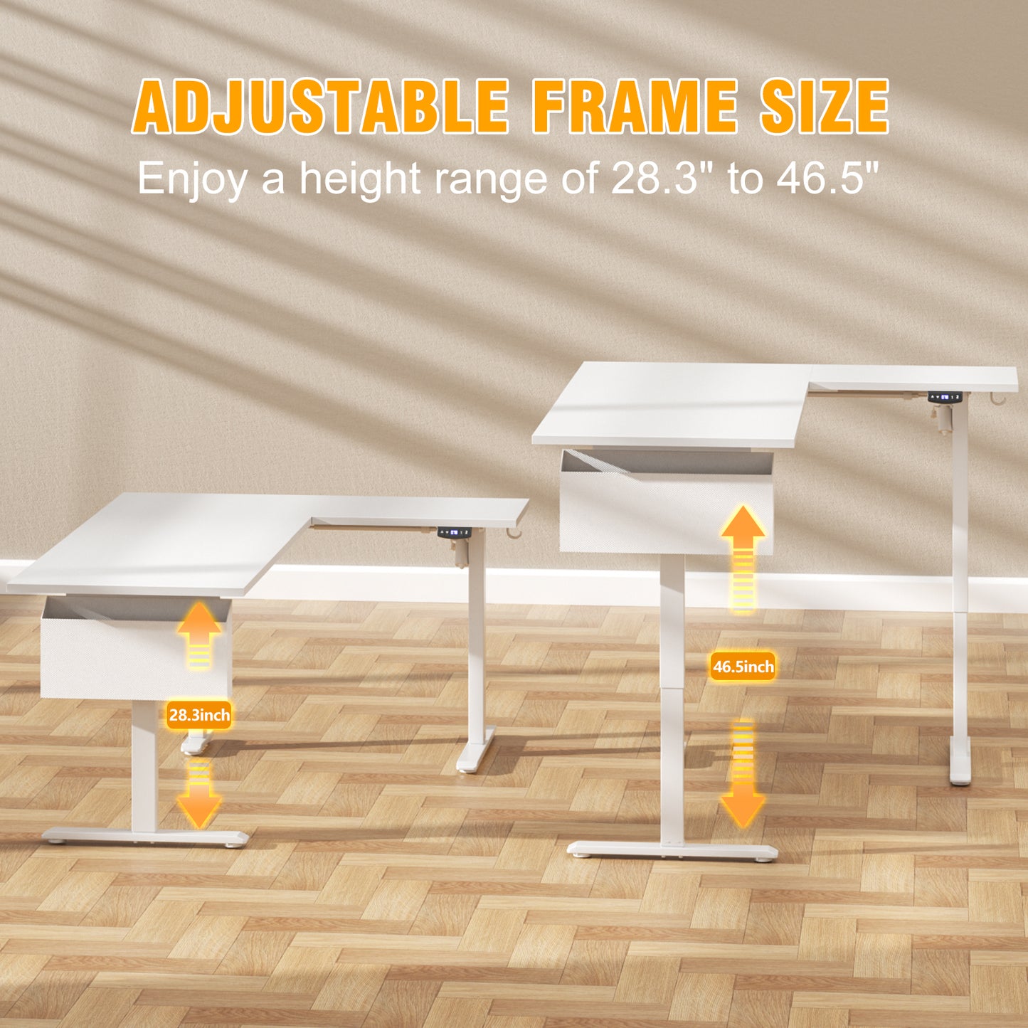 Satifur Electric Standing Desk 63" L-Shaped, Ergonomic Computer Desk with Memory Preset, Height Adjustable Sit Stand Desk with Hooks & Storage, White