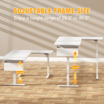 Satifur Electric Standing Desk 63" L-Shaped, Ergonomic Computer Desk with Memory Preset, Height Adjustable Sit Stand Desk with Hooks & Storage, White