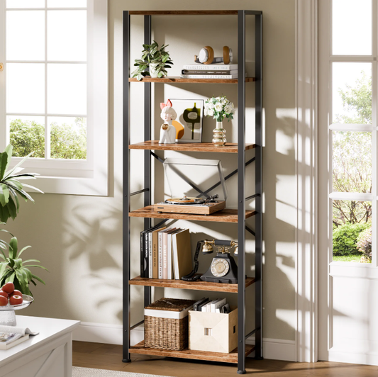 Hexmn 6 Tier Sturdy Wood & Metal Frame Bookshelf, Large Capacity Space-Saving Design With Adjustable Feet,Rustic Brown