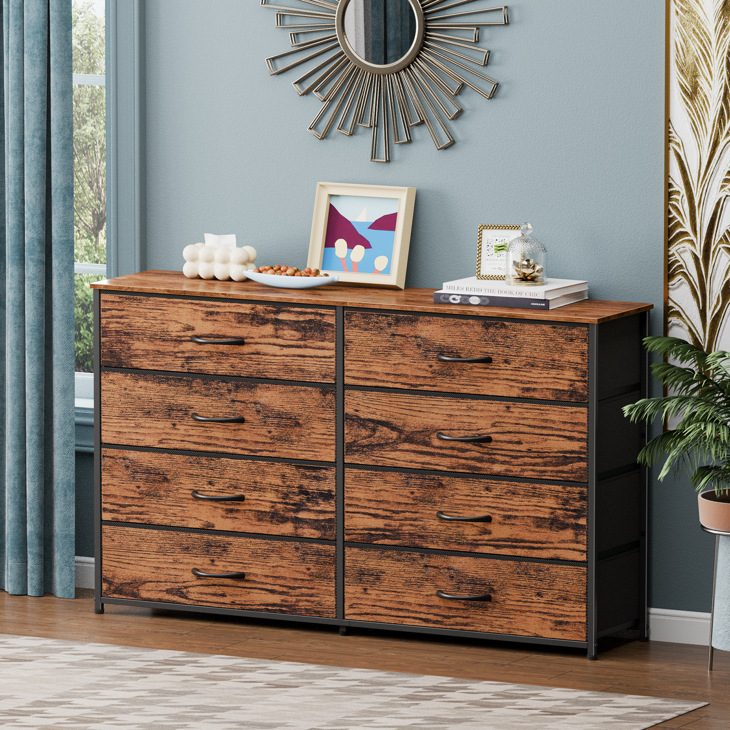 Tydimor 8 Fabric Drawers Dressers for Bedroom Wide Dresser TV Stand for 55" TVs, Chest of Drawers, Rustic Brown