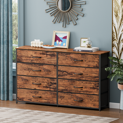 Tydimor 8 Fabric Drawers Dressers for Bedroom Wide Dresser TV Stand for 55" TVs, Chest of Drawers, Rustic Brown