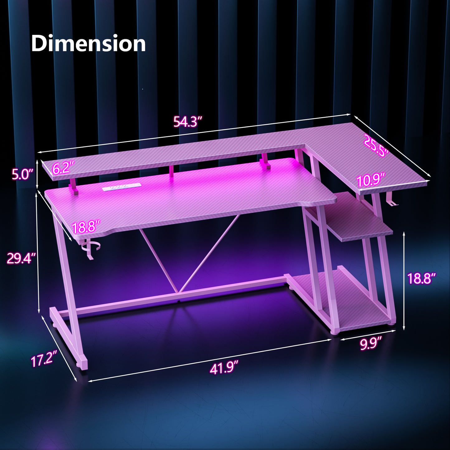 Satifur 55" Pro L-Shaped Gaming Desk Pink, RGB LED, Power Hub & Monitor Riser for Ultimate Setup