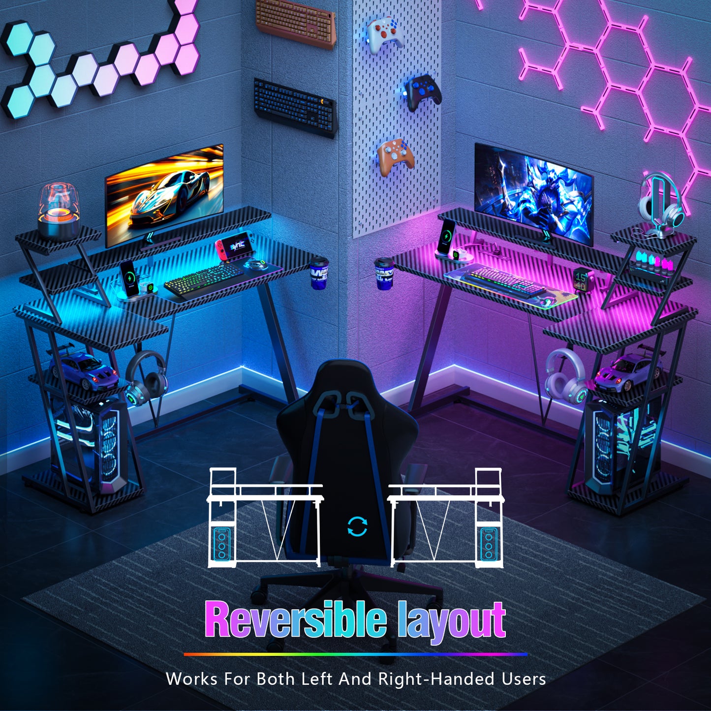 Satifur 47" Carbon Fiber Gaming Desk L-Shaped Computer Desk, RGB Lights & Power Outlets, Black