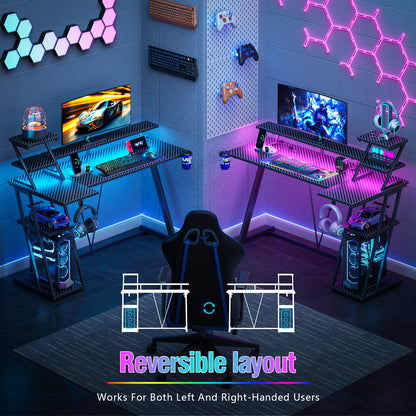 Satifur 47" Carbon Fiber Gaming Desk L-Shaped Computer Desk, RGB Lights & Power Outlets, Black