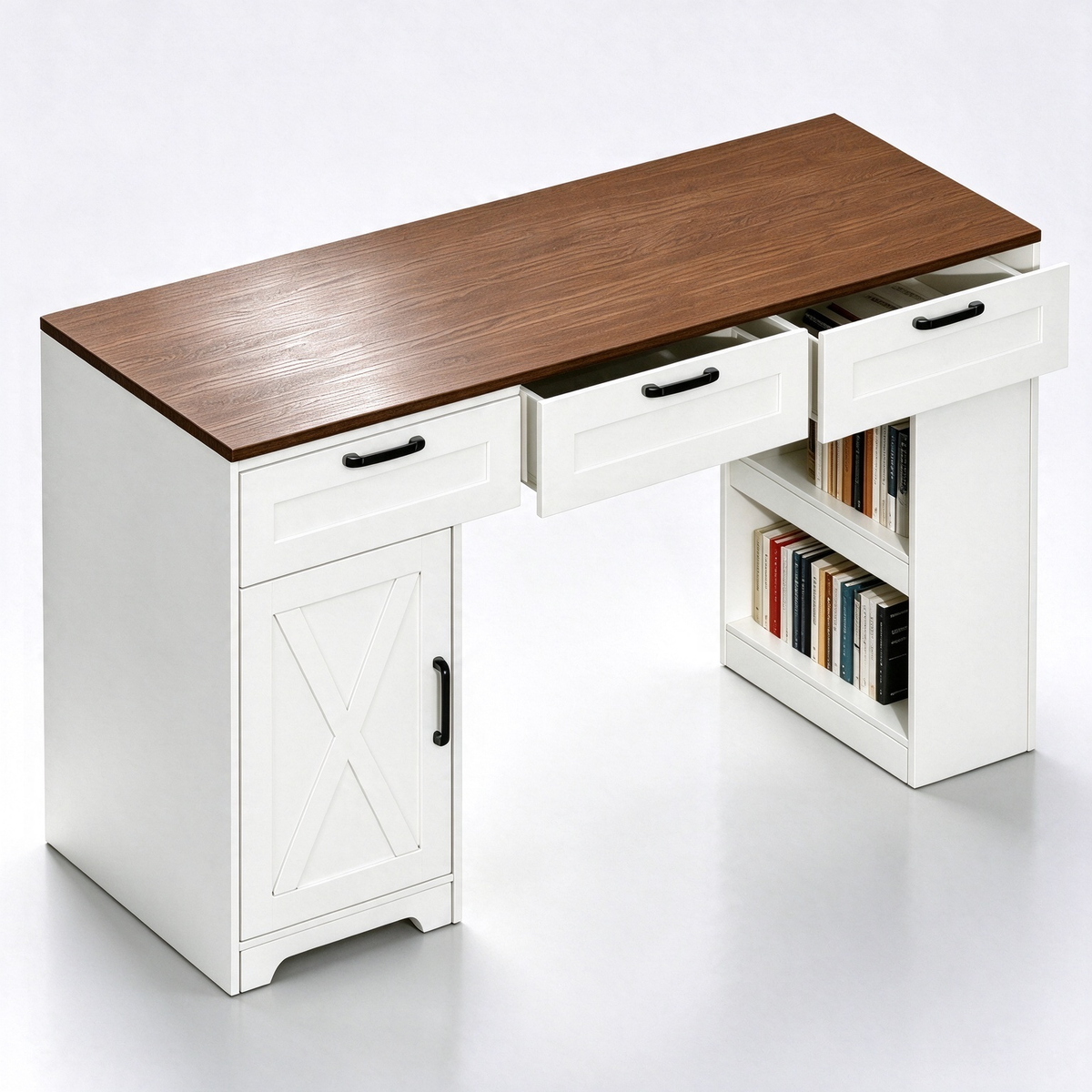Satifur 55 inch Farmhouse Computer Desk with Power Outlet, Home Office Desk with 3 Drawers & Storage Cabinet, Walnut Brown and White