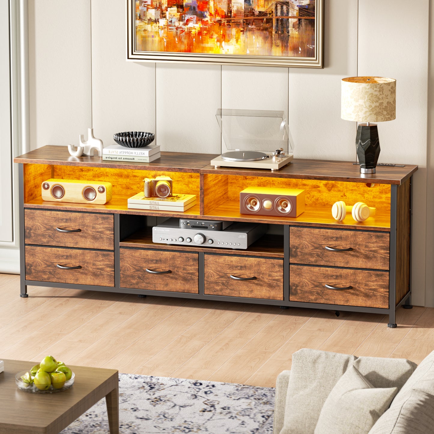 Tydimor Modern TV Stand for TVs up to 55", Media Console with 6 Drawers for Living Room, Entertainment Center with LED lights & Outlets, Rustic